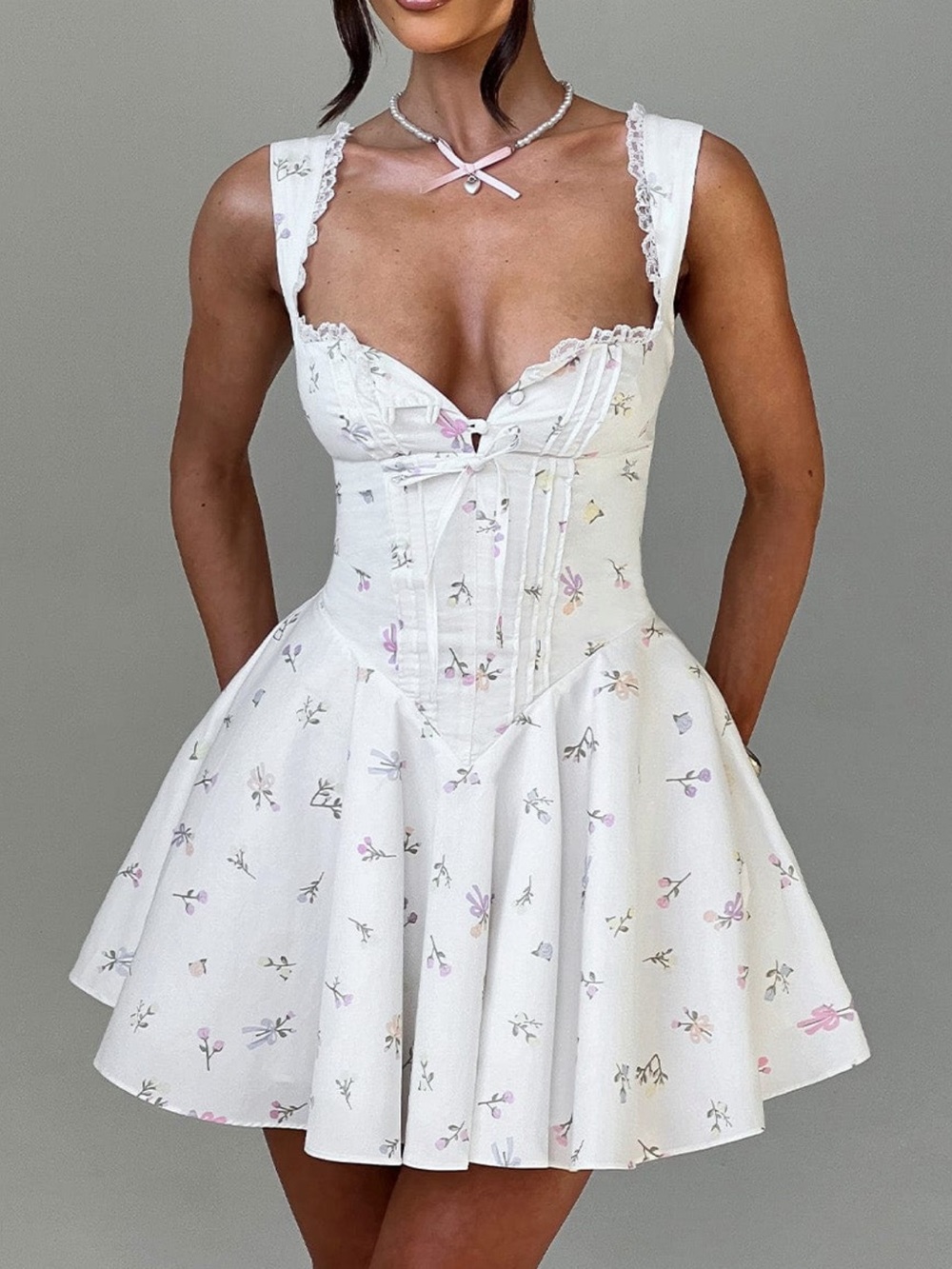 White Floral Lace-Trim Mini Dress - Picture 5 of 5